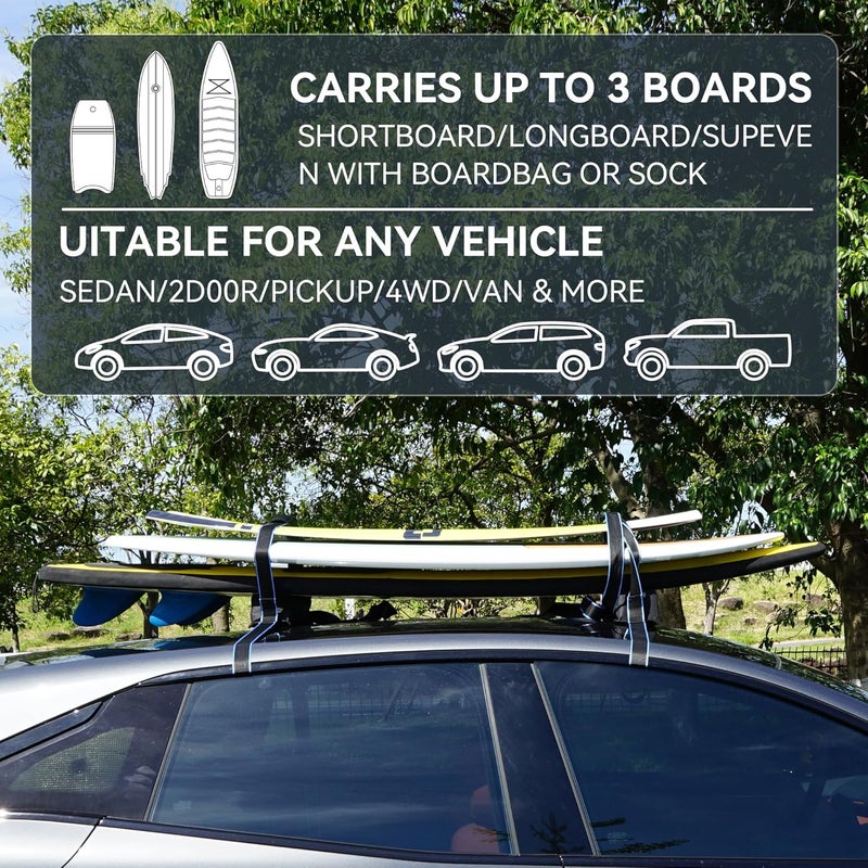 HIKULA Surfboard Roof Racks - Premium Surfboard Car Rack Padded Systems for Surf Board Paddle Board & SUP, No Scratch Buckles and Extra-Wide 1.5 in Straps, Easy Setup Any Car, Carries up to 3 Boards - Image 5